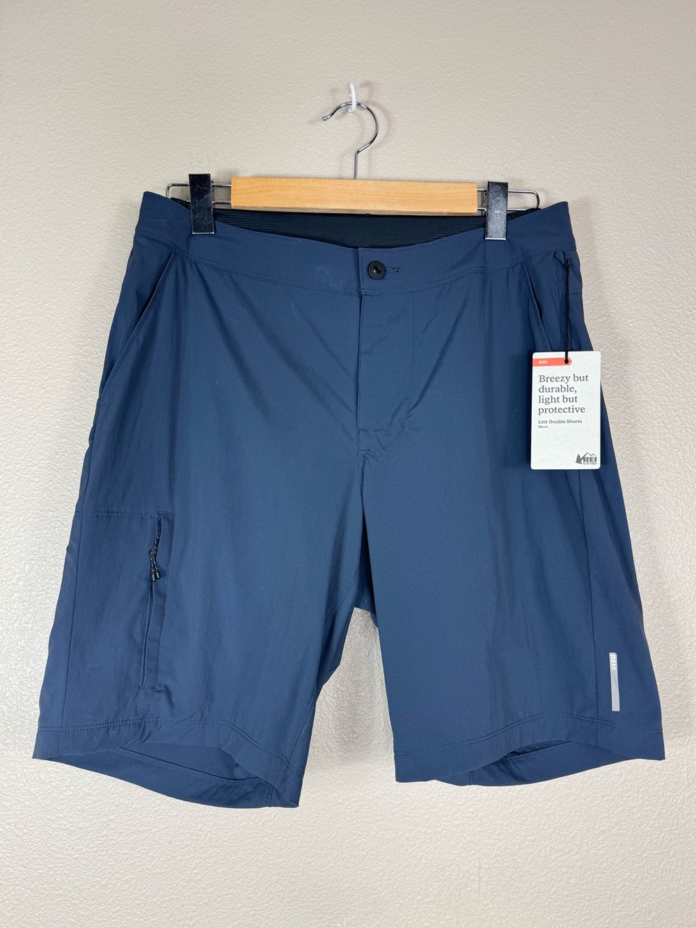 REI Co-Op Link Double Bike Shorts Mens Blue Lined Pockets Mountain Cycling NWT